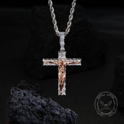 Crucifixion of Jesus Copper-set Zircon Cross Pendant
