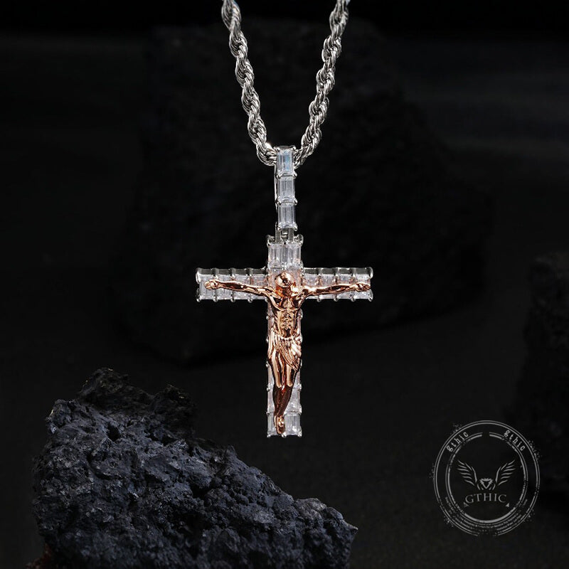 Crucifixion of Jesus Copper-set Zircon Cross Pendant