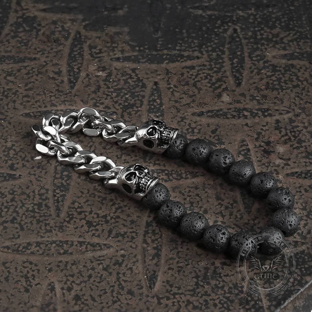 Cuban Chain and Volcanic Rock Skull Bracelet