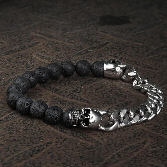 Cuban Chain and Volcanic Rock Skull Bracelet