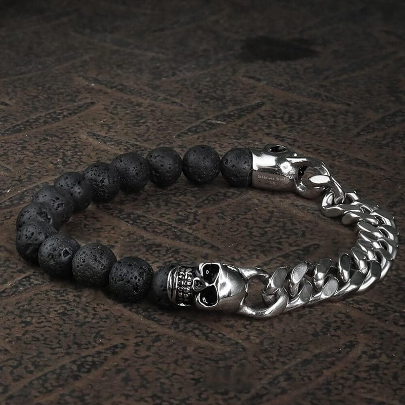 Cuban Chain and Volcanic Rock Skull Bracelet