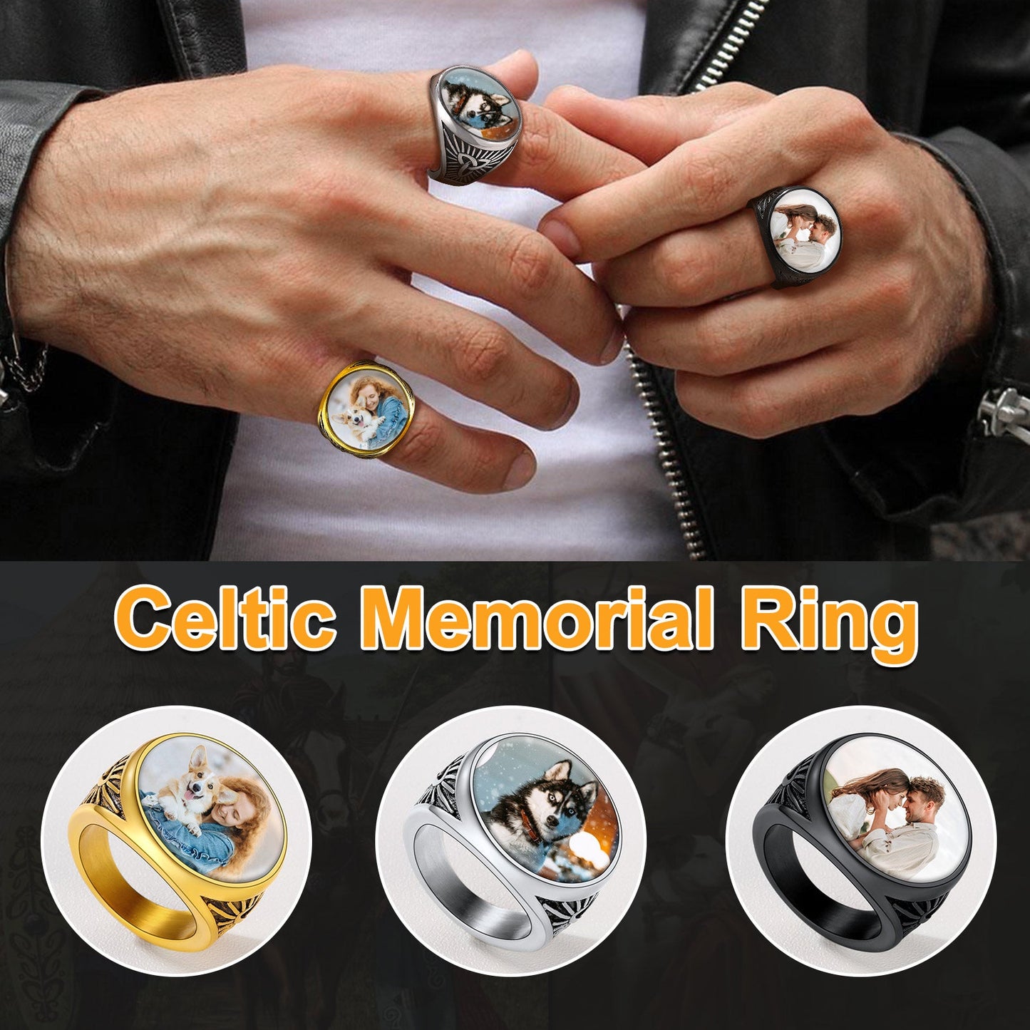 Personalized Custom Celtic Triquetra Signet Ring With Photo for