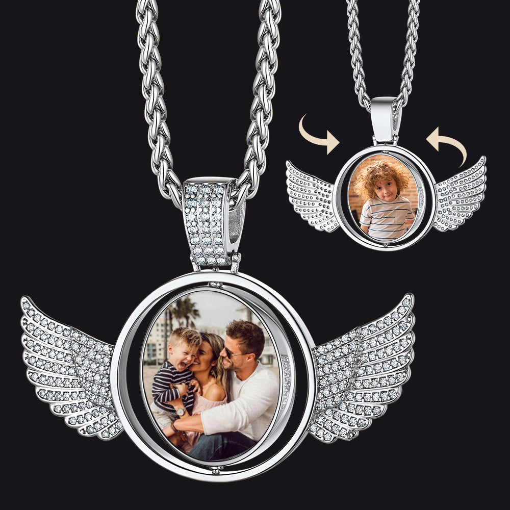 Custom Double-sided Picture Photo Circle Chain Necklace With Angel Wings for