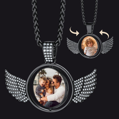 Custom Double-sided Picture Photo Circle Chain Necklace With Angel Wings for