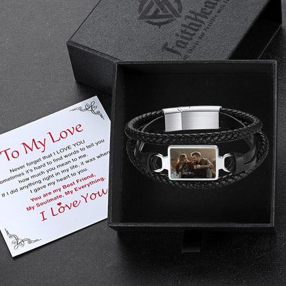 Personalized Picture Black Leather Bracelet Gift for