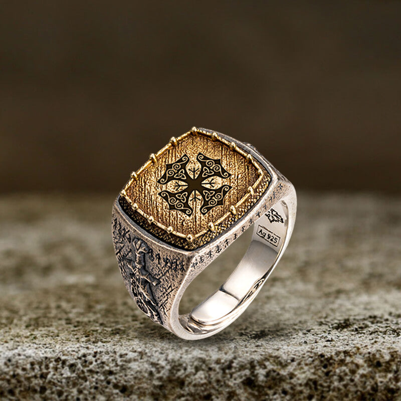 Custom Viking Symbols Sterling Silver Inlaid Brass Ring