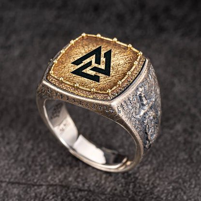 Custom Viking Symbols Sterling Silver Inlaid Brass Ring