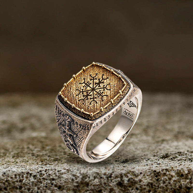 Custom Viking Symbols Sterling Silver Inlaid Brass Ring
