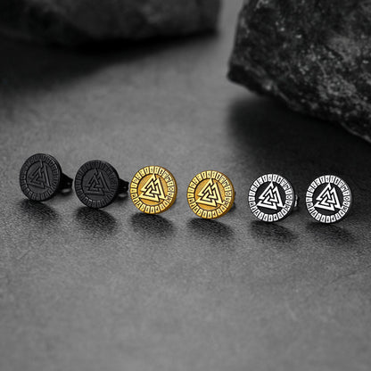 Viking Valknut Black Stud Earrings for With Runes