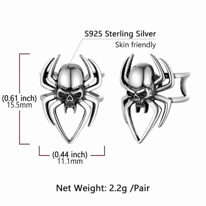 Sterling Silver Spider Skull Ear Cuff Earrings Halloween Gift
