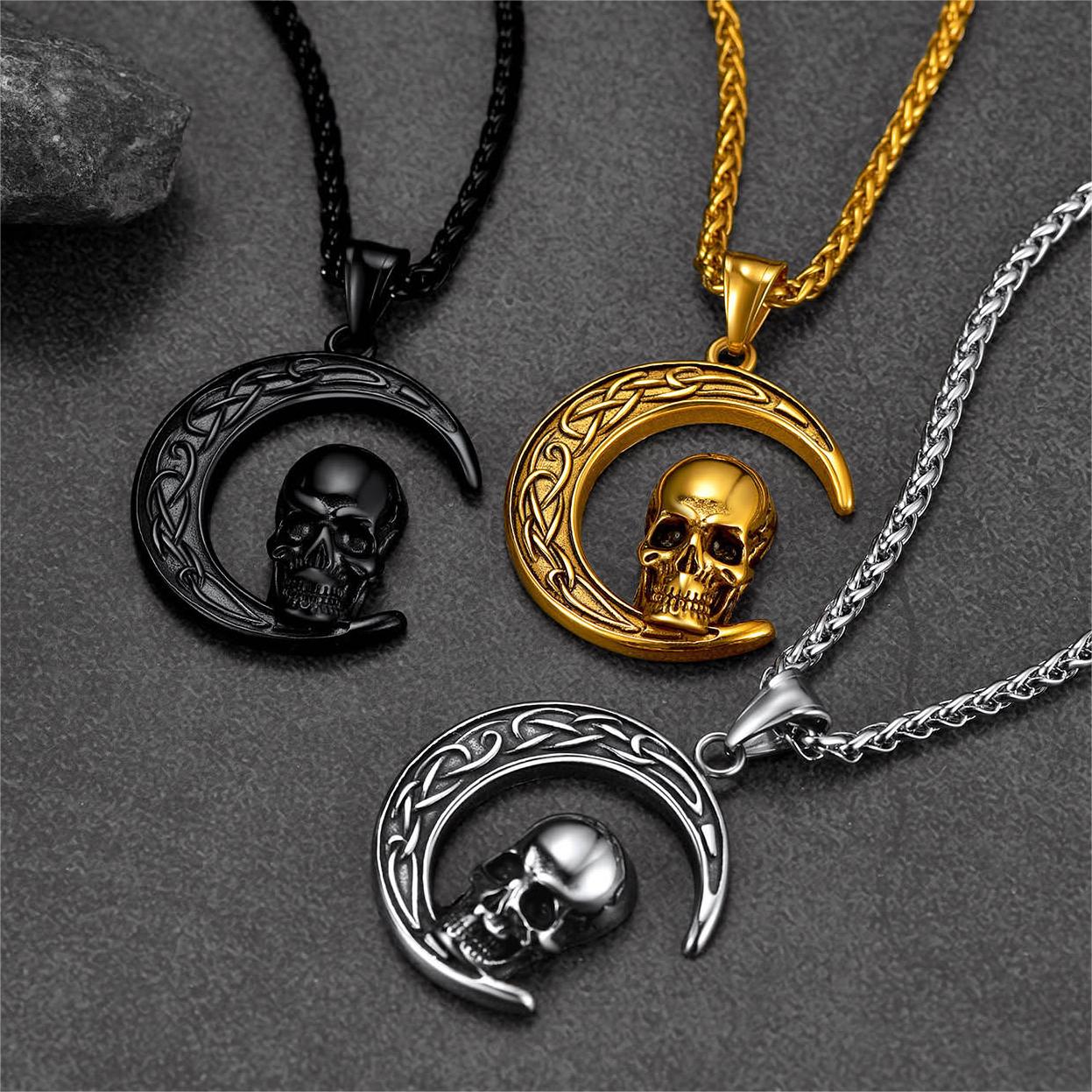 Flash Celtic Crescent Moon Skull Necklace for