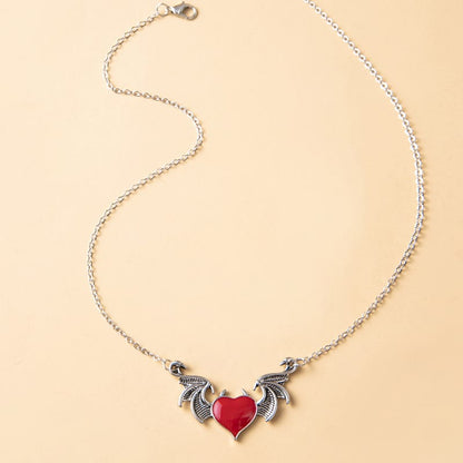 Crimson Devil Heart Winged Necklace