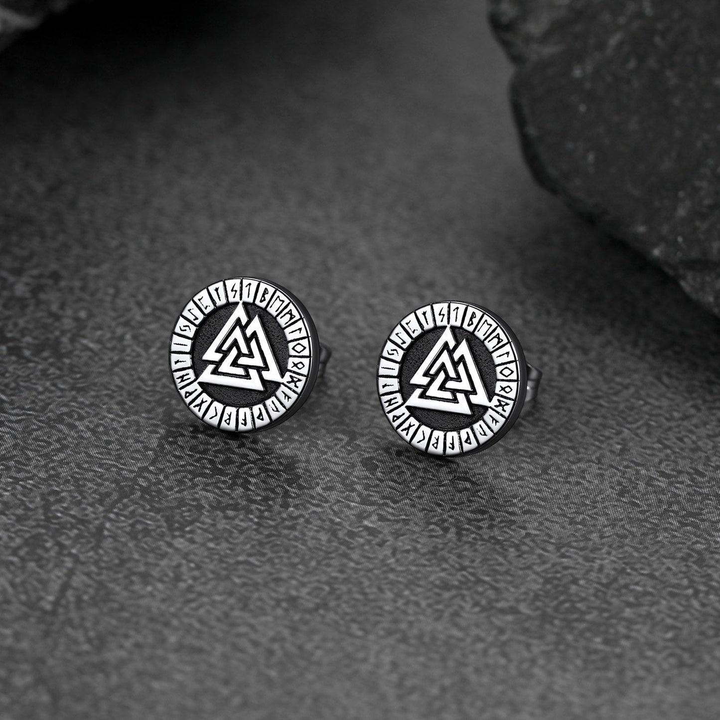 Viking Valknut Black Stud Earrings for With Runes