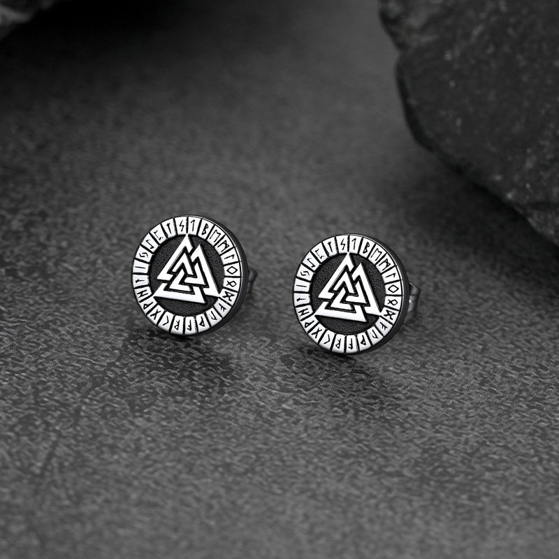 Viking Valknut Black Stud Earrings for With Runes
