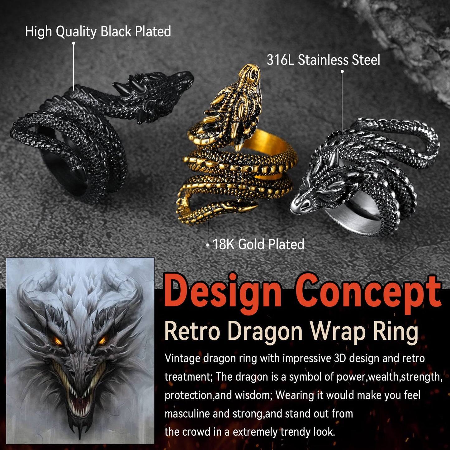Punk Coiled Dragon Stainless Steel Ring for