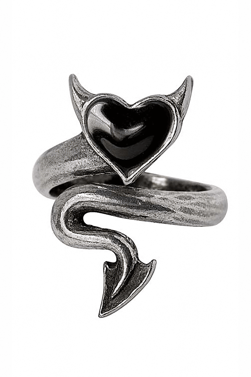 Dark Devil Heart Wrap Ring With Black Enamel Tail