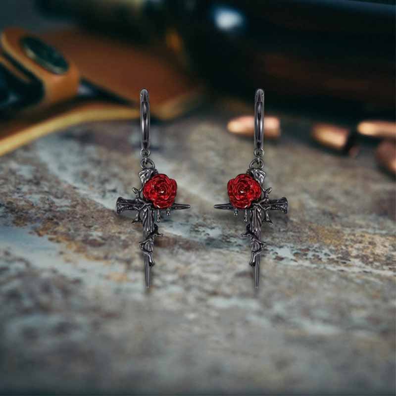 Dark Gothic Thorn Rose Cross Zinc Alloy Earrings