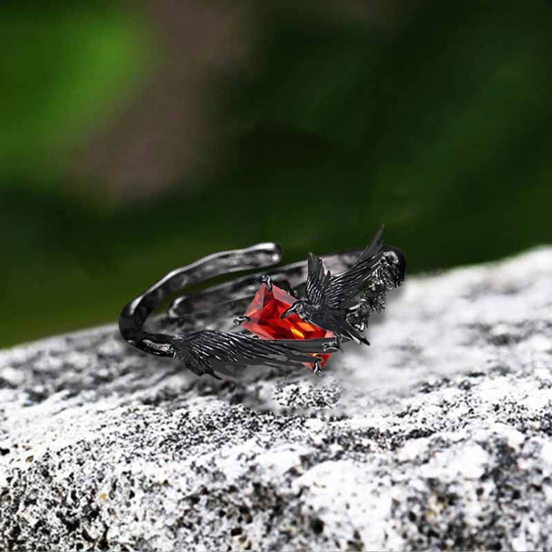 Dark Punk Crow Red Zircon Copper Open Ring