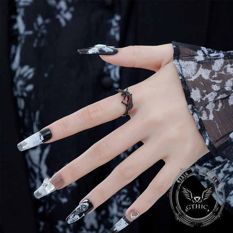 Dark Punk Crow Red Zircon Copper Open Ring