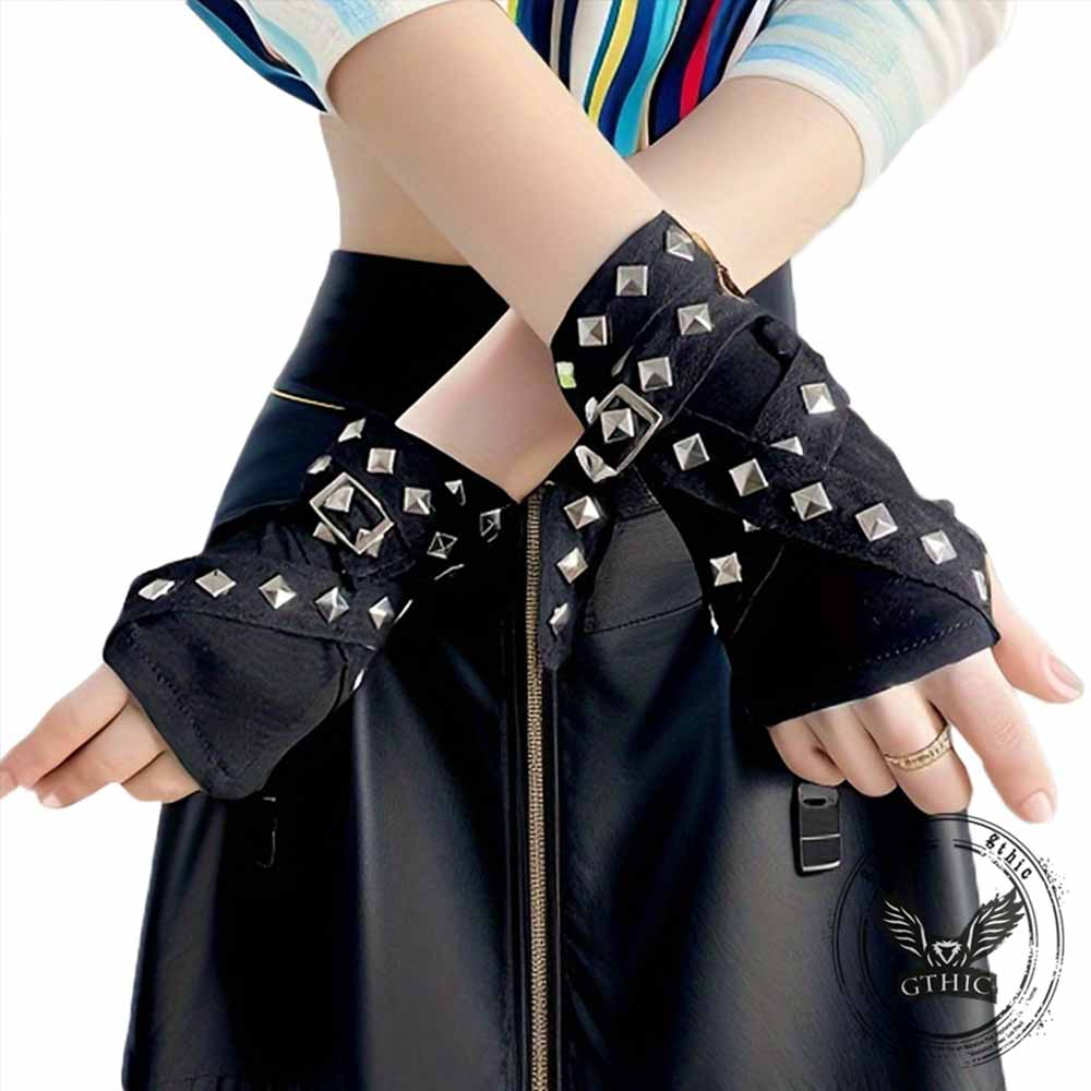 Dark Punk Studded Strap Half-finger Sleeve Gloves