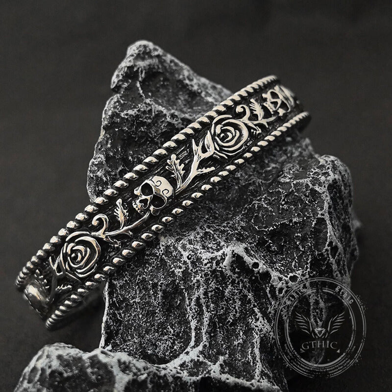 Dark Skull Rose Gothic Stainless Steel Open Bracelet