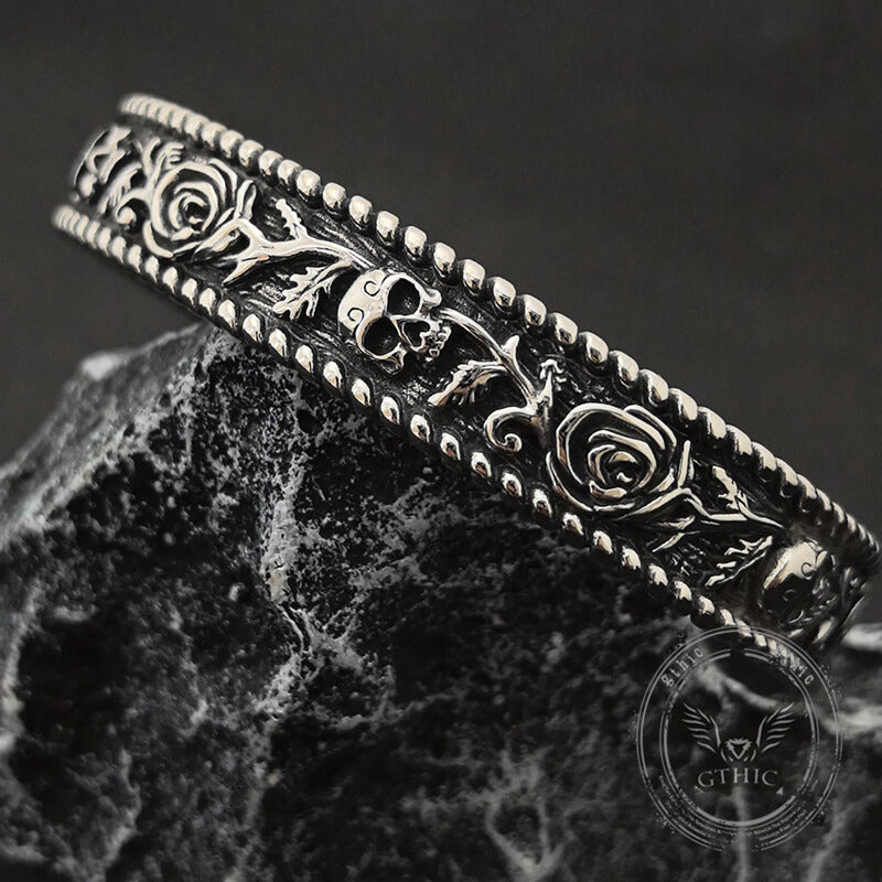 Dark Skull Rose Gothic Stainless Steel Open Bracelet