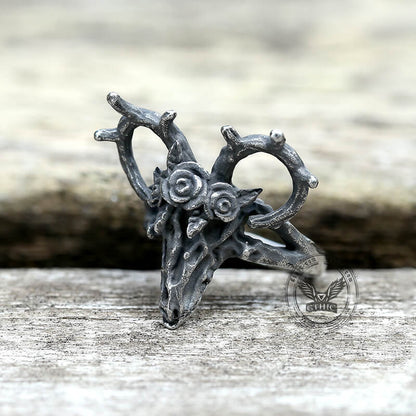 Deer and Rose Stainless Steel Skull Ring