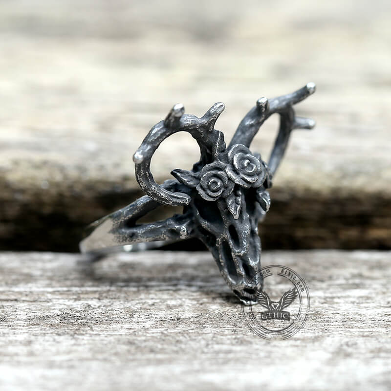 Deer and Rose Stainless Steel Skull Ring