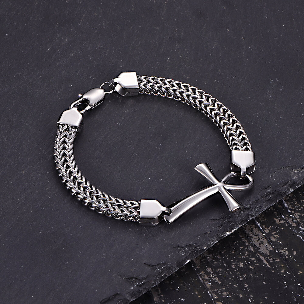 Double-row Chain Ankh Cross Stainless Steel Bracelet