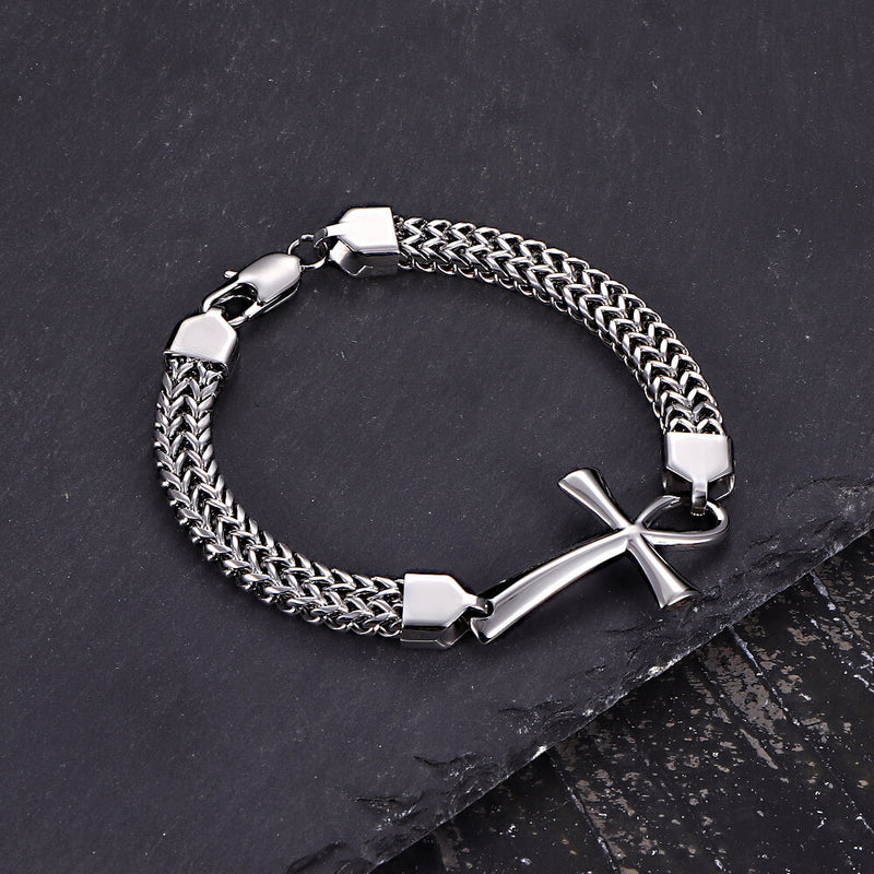 Double-row Chain Ankh Cross Stainless Steel Bracelet