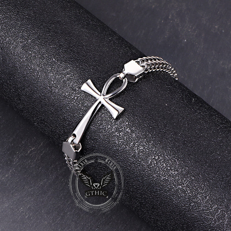 Double-row Chain Ankh Cross Stainless Steel Bracelet
