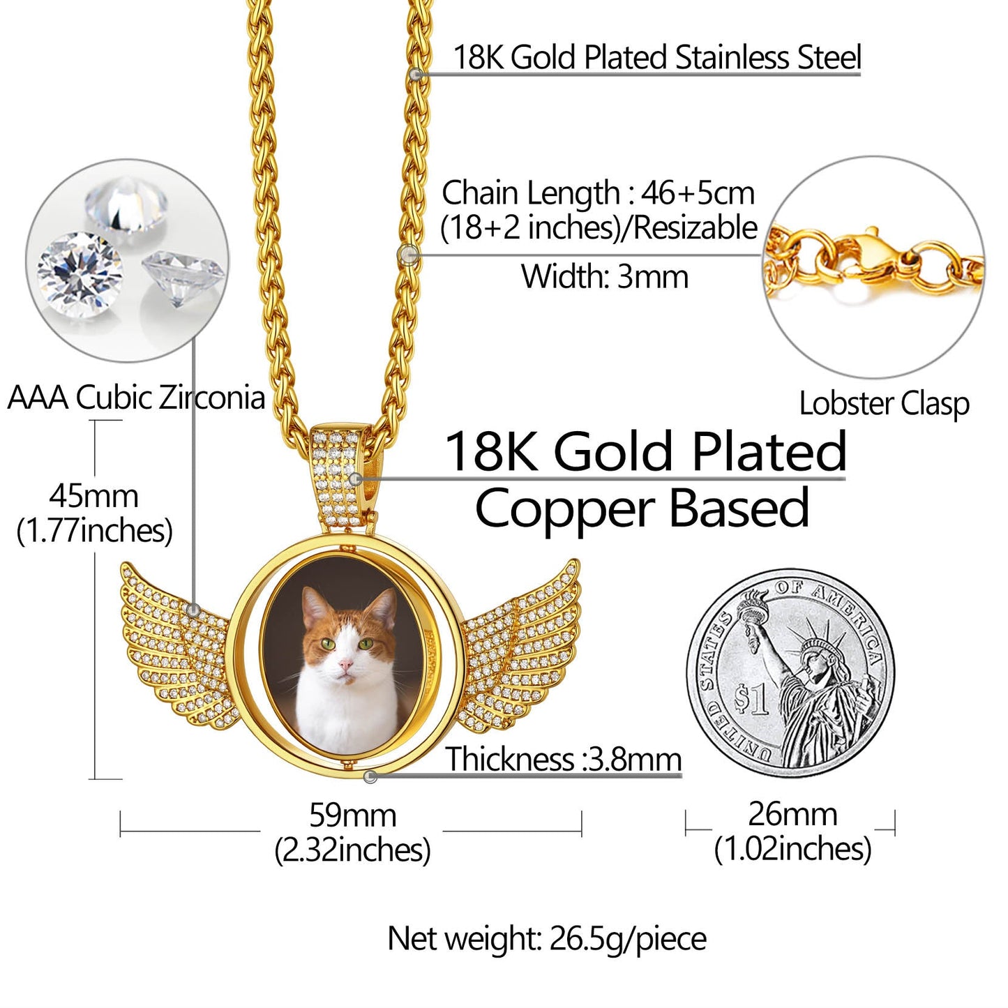 Custom Double-sided Picture Photo Circle Chain Necklace With Angel Wings for