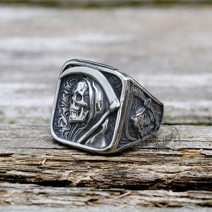 Grim Reaper Skull Stainless Steel Square Ring