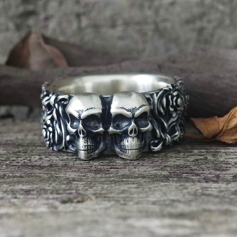 Double Skull Rose Vine Sterling Silver Ring
