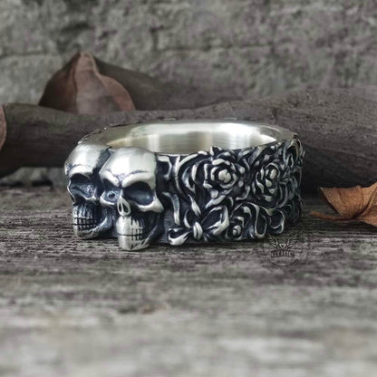 Double Skull Rose Vine Sterling Silver Ring