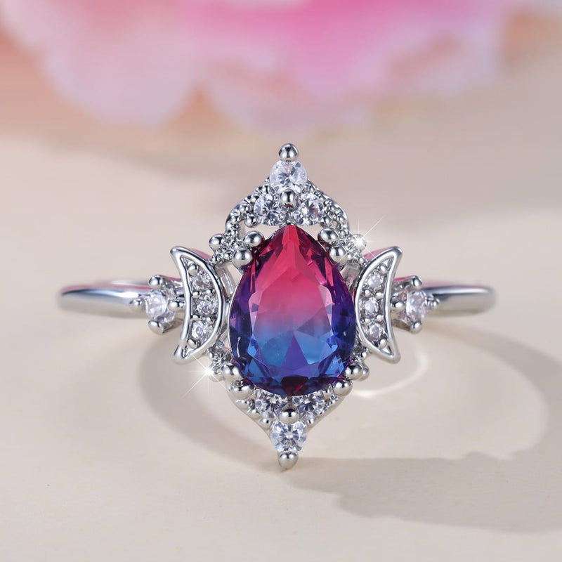Mystic Triple Moon Goddess Cz Tourmaline Ring