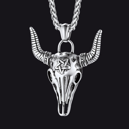 Flash Satanic Bull Cow Skull Necklace With Invert Pentagram for