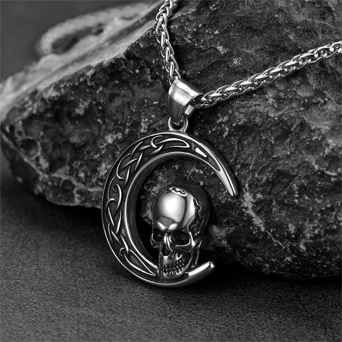 Flash Celtic Crescent Moon Skull Necklace for