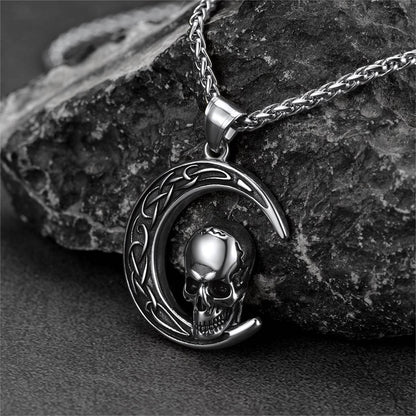 Flash Celtic Crescent Moon Skull Necklace for