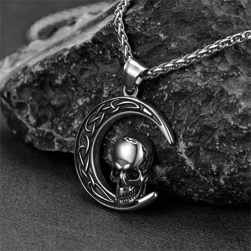 Flash Celtic Crescent Moon Skull Necklace for