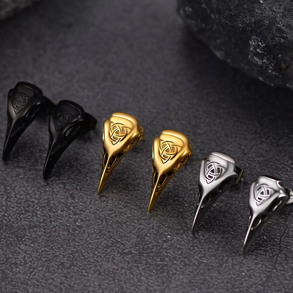 Viking Raven Skull Earrings Studs With Celtic Knot for