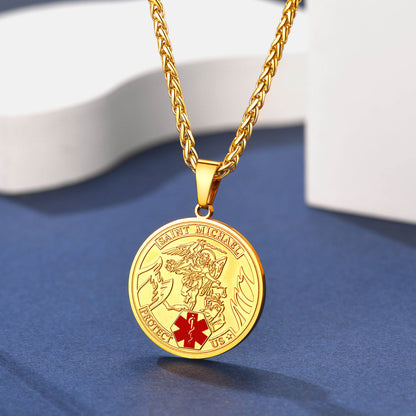 Engraved Saint Michael Medical Alert Id Pendant Necklace