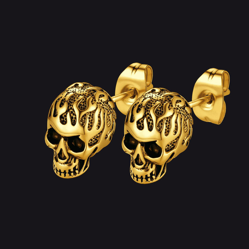 Gothic Flaming Skull Stud Earrings for