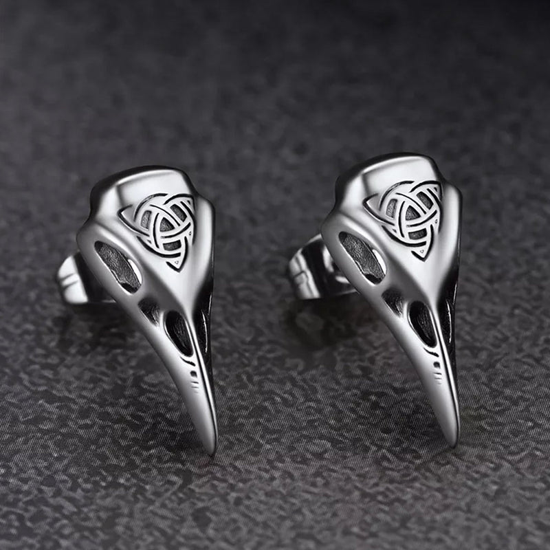 Viking Raven Skull Earrings Studs With Celtic Knot for