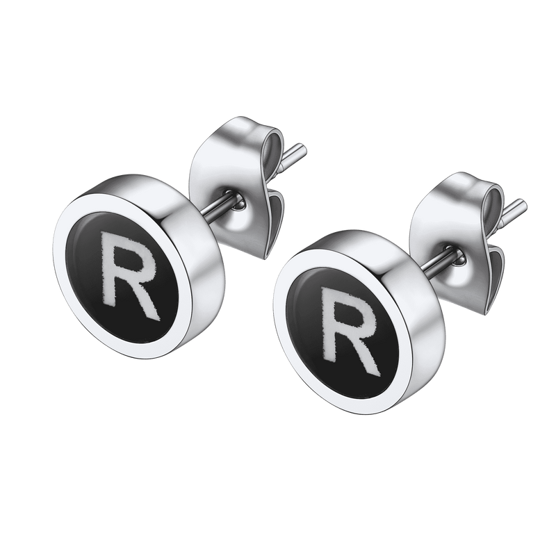 Personalized Black Enamel Initial Letter Stud Earrings for