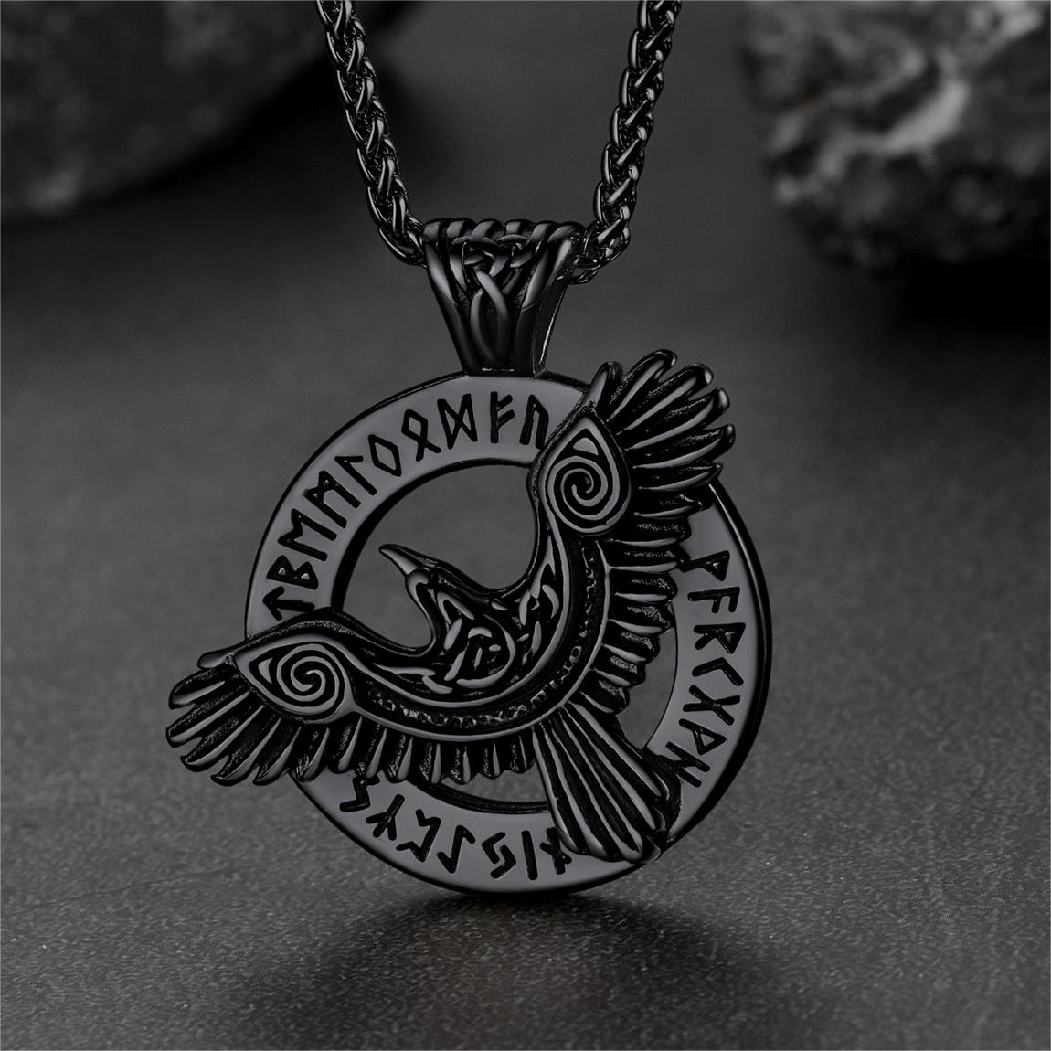 Viking Odin's Raven Necklace for With Runes