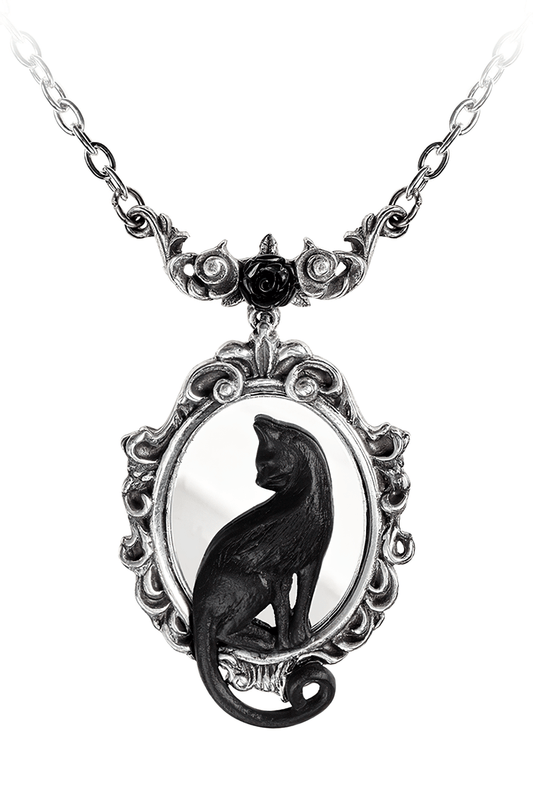 Black Cat Mirror Necklace With Ornate Frame