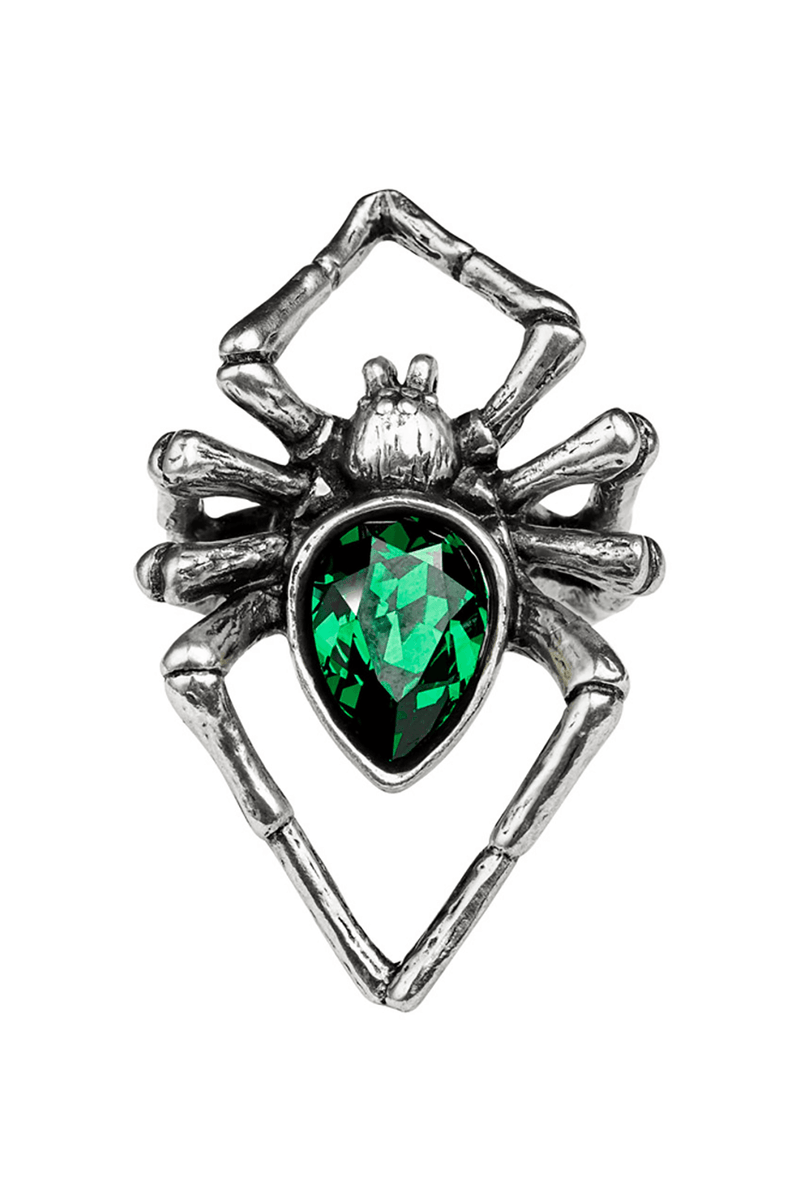 Emerald Spider Ring - Gothic Venomous Pewter With Crystal