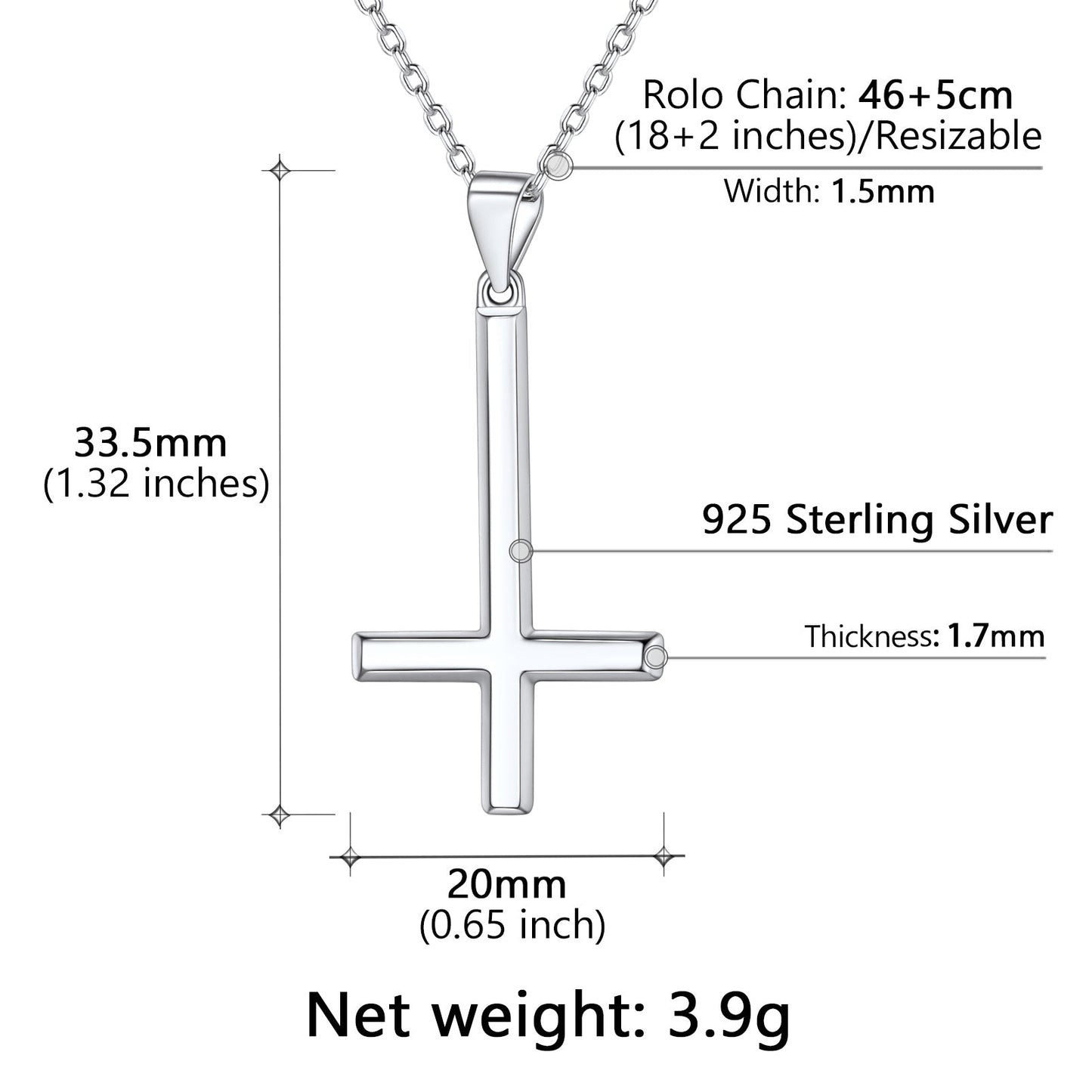 925 Sterling Silver Upside Down Inverted Cross Necklace for
