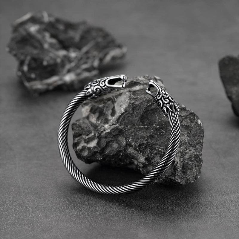 Viking Bracelet Norse Wolf Heads Cuff Bangle for